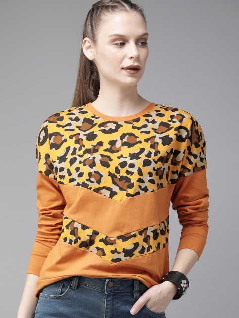 

Roadster Women Brown & Mustard Yellow Animal Printed Round Neck T-shirt