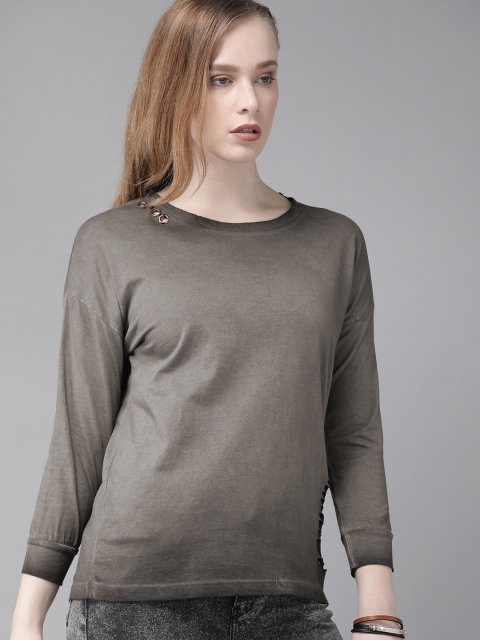 

Roadster Women Charcoal Grey Dyed Pure Cotton Top