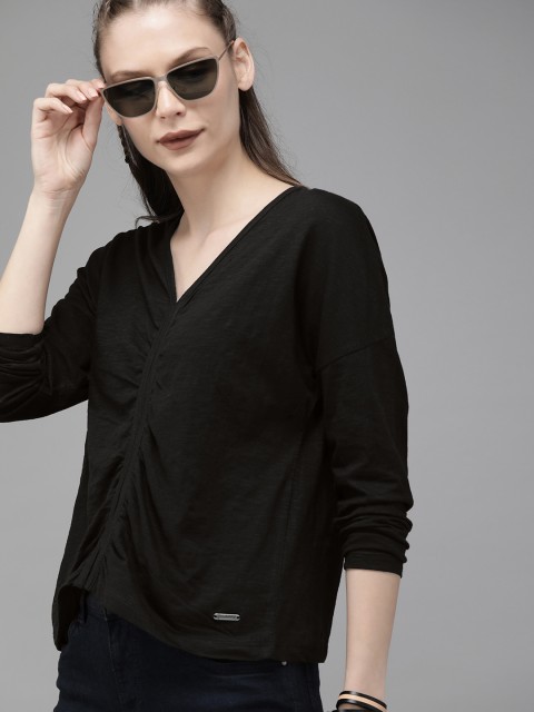 

Roadster Women Black Solid Top With Front Gathers