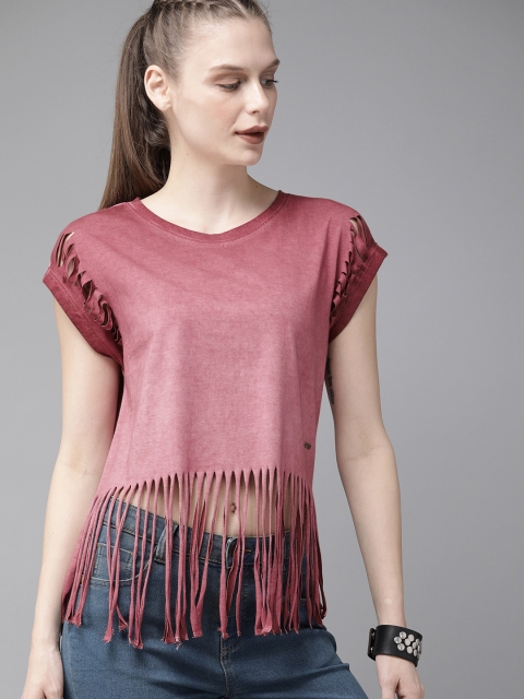 

Roadster Women Burgundy Fringed Dyed Top