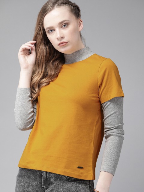 

Roadster Women Mustard Yellow Solid High Neck T-shirt