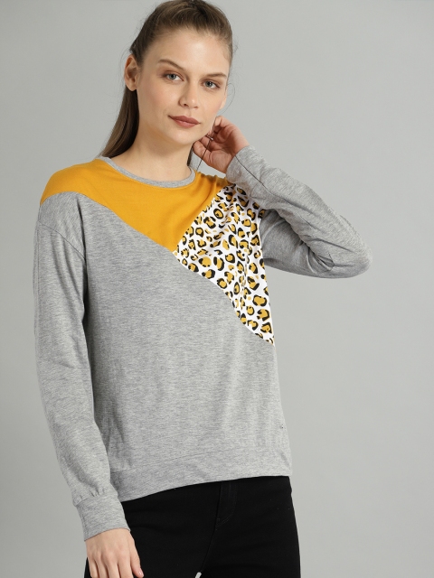 

The Roadster Lifestyle Co Women Grey & Mustard Yellow Colourblocked Round Neck T-shirt