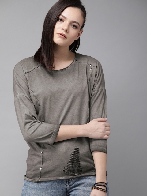 

Roadster Women Grey Dyed Pure Cotton Top With Cut Out Detail