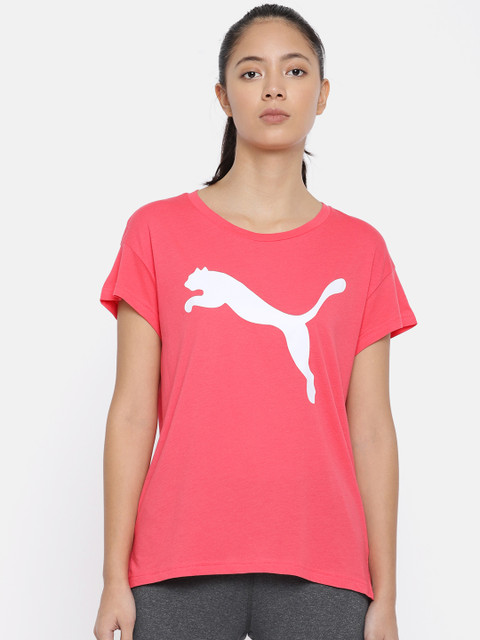 

Puma Women Coral Pink Printed Active Logo Calypso Relaxed Fit T-shirt