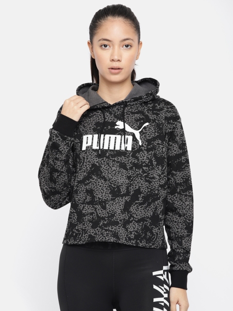 

Puma Women Black & Grey Elevated ESS Logo AOP Printed Hooded Cropped Sweatshirt