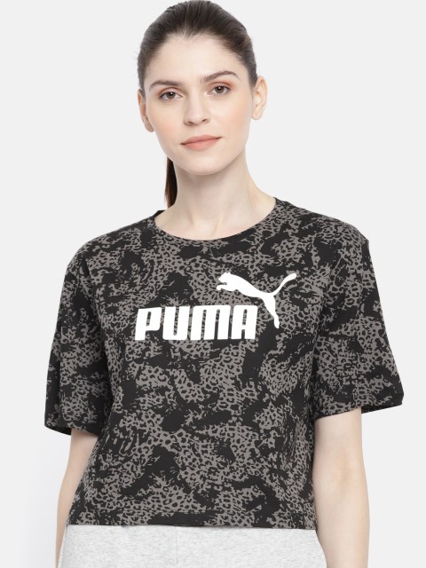 

Puma Women Black & Grey Printed ELEVATED ESS Logo AOP Relaxed Fit Cropped Tshirt