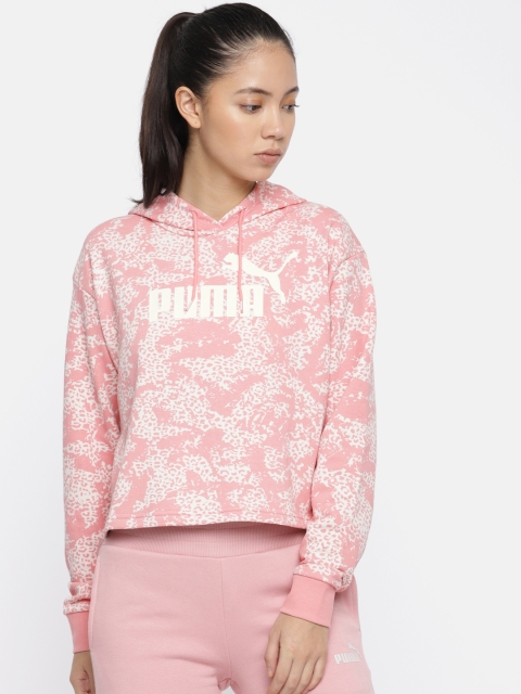 

Puma Women Pink & White Elevated ESS Logo AOP Printed Hooded Cropped Sweatshirt