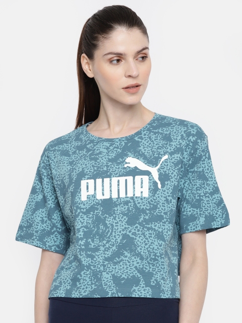 

Puma Women Blue Printed Relaxed Fit ELEVATED ESS Round Neck Cropped T-shirt