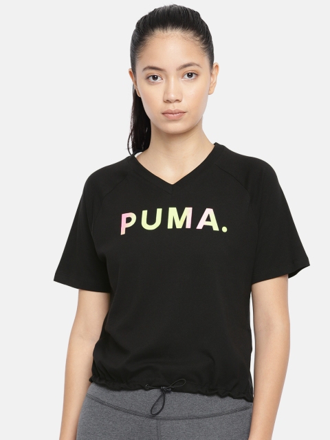 

Puma Women Black Printed Chase V V-Neck T-shirt
