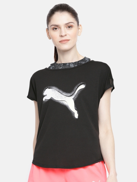 

Puma Women Black Printed Studio Mesh Cat Round Neck T-shirt