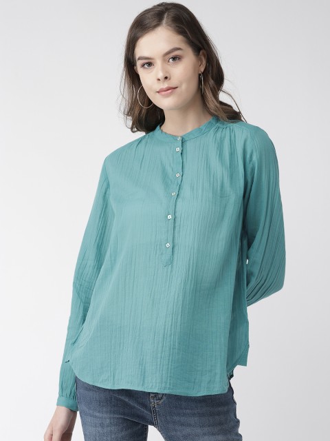 

Marks & Spencer Women Green Semi Sheer Solid Shirt Style Top