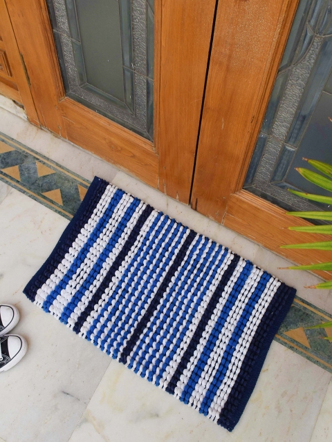

Avira Home Blue & White Chenille Loop Striped Rectangular Handloom Woven Cotton Rug