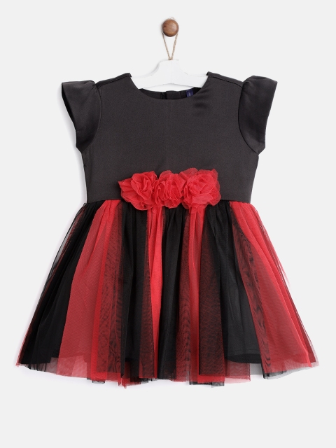 

YK Girls Black & Red Striped Net Fit and Flare Dress