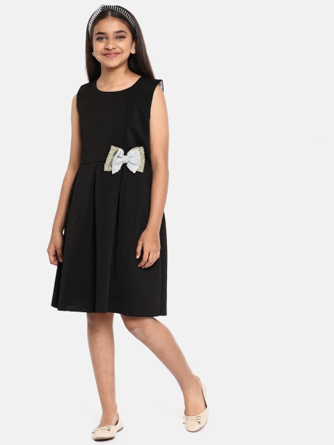 

YK Girls Black Solid Fit & Flare Dress with Shimmer Bow