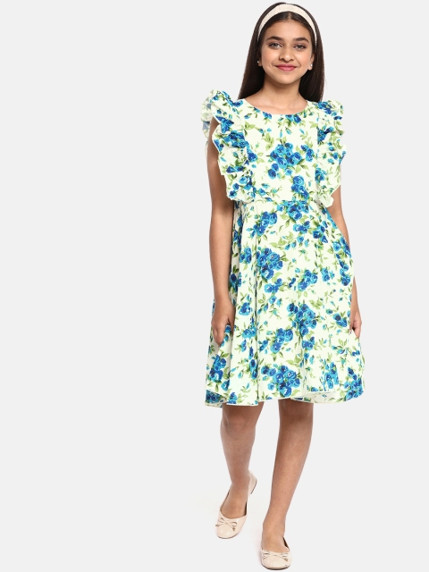 

YK Girls Off-White & Blue Floral Printed Fit and Flare Dress with Ruffles