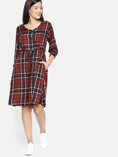 

Ms.Taken Women Checked Rust Orange & Black Fit and Flare Dress