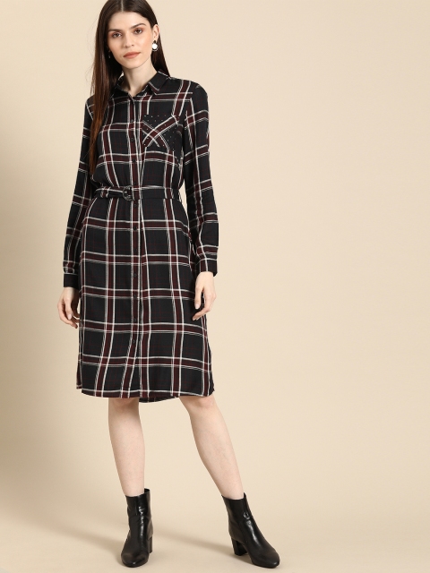 

Ms.Taken Women Navy Blue & Maroon Checked Shirt Dress