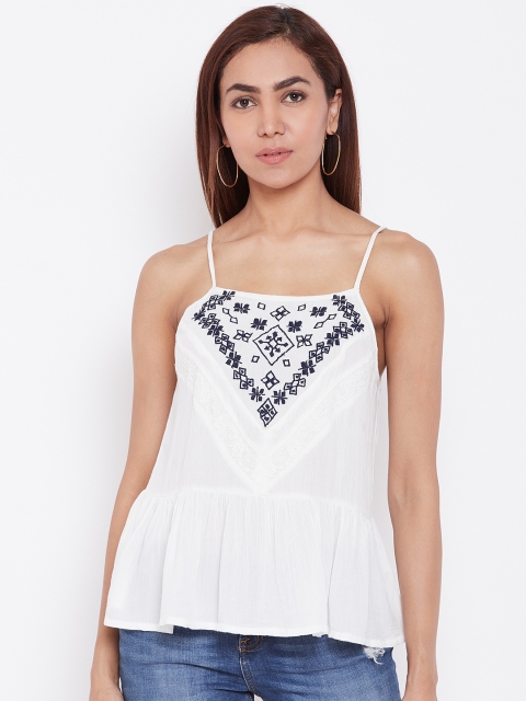 

LA LOFT Women Off-White Embroidered A-Line Top