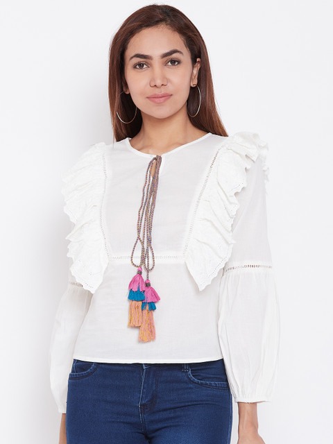 

LA LOFT Women Off-White Solid Victorian Style Regular Pure Cotton Top