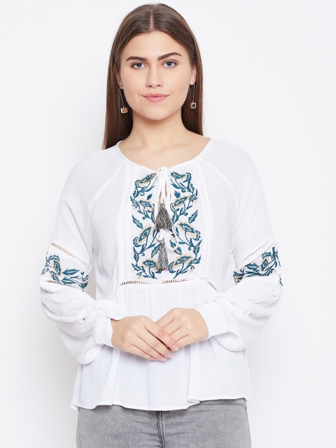 

LA LOFT Women White & Teal Green Embroidered A-Line Top