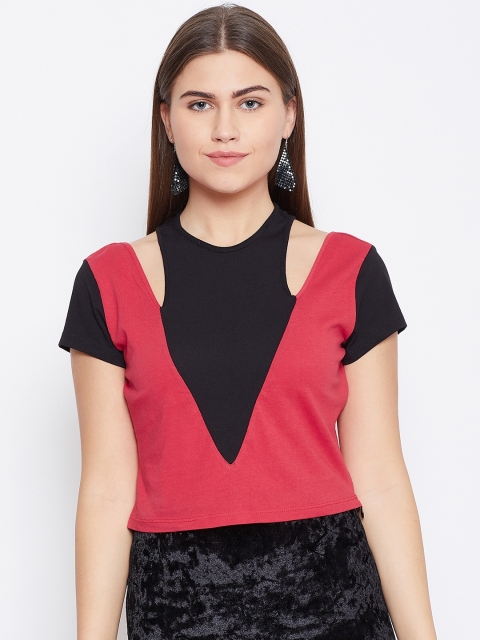 

LA LOFT Women Red & Black Colourblocked Styled Back Pure Cotton Top