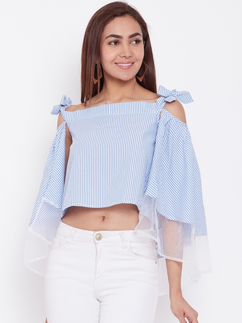 

LA LOFT Women Blue & White Striped Crop Cape Top