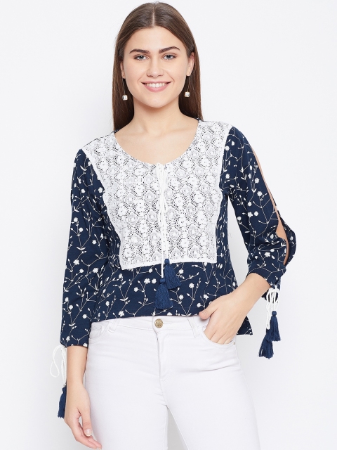 

LA LOFT Women Navy & White Floral Printed High-Low Pure Cotton Top, Navy blue