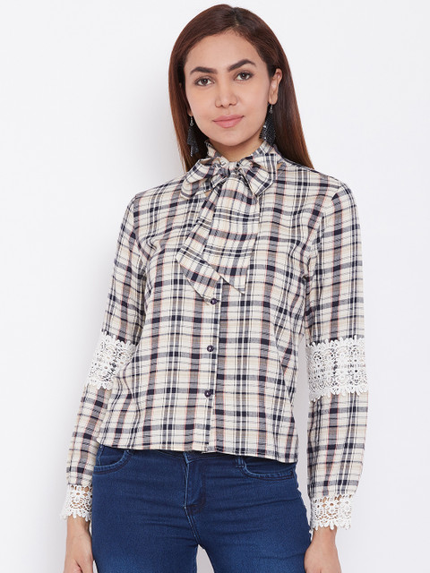 

LA LOFT Women Beige & Black Checked Shirt Style Top