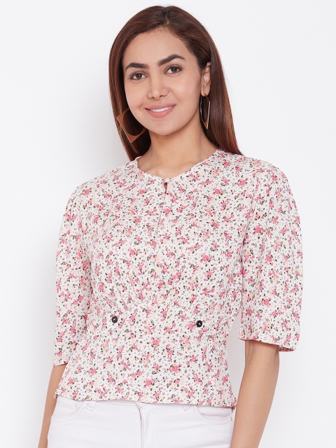 

LA LOFT Women Off-White & Pink Floral Print A-Line Top