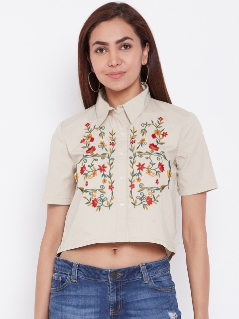 

LA LOFT Women Beige Regular Fit Embroidered Knitted Cropped Casual Shirt