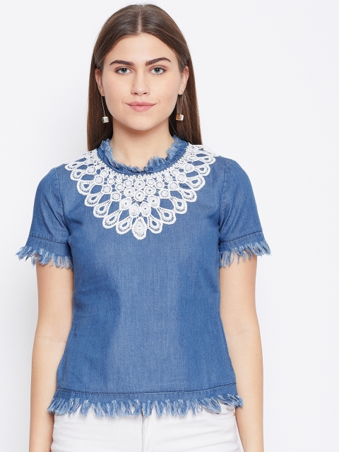 

LA LOFT Women Blue Embroidered Detail Denim Top