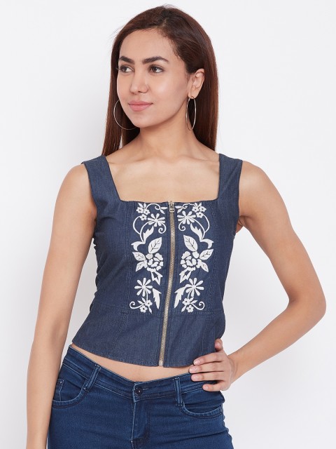 

LA LOFT Women Navy Blue Floral Embroidered Denim Crop Top