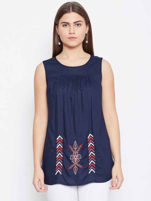 

LA LOFT Women Navy Blue Embroidered Detail Top