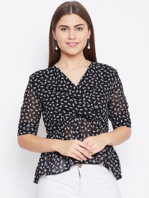 

LA LOFT Women Black & Off-White Printed Wrap Top