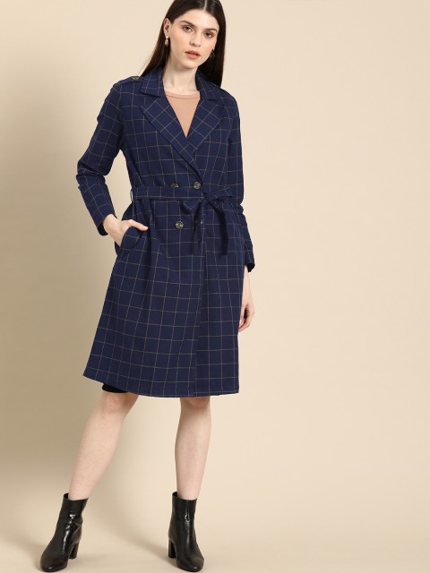 

Ms.Taken Women Navy Blue & Yellow Checked Tailored Jacket