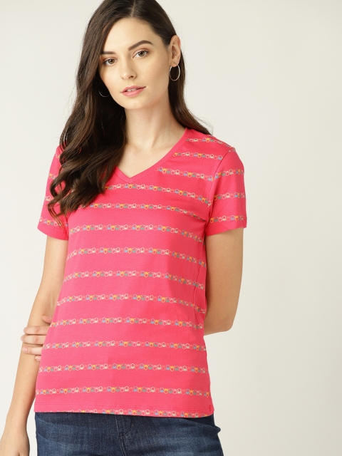 

United Colors of Benetton Women Pink Striped V-Neck T-shirt