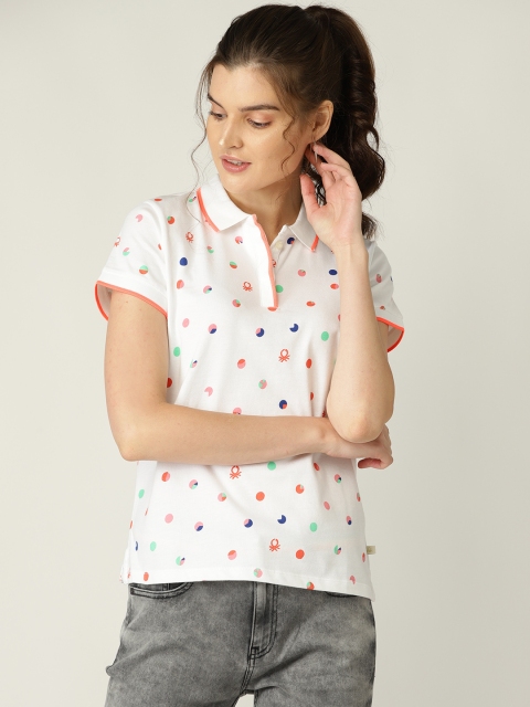 

United Colors of Benetton Women White & Peach Printed Polo Collar T-shirt