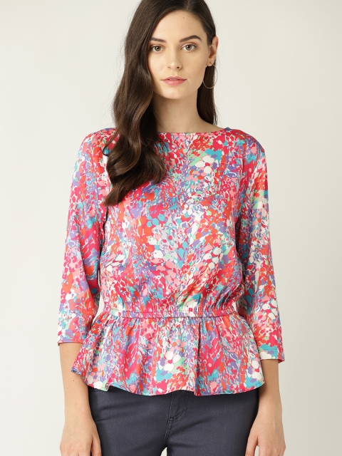 

United Colors of Benetton Women Pink & Blue Floral Print Cinched Waist Top
