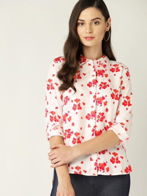 

United Colors of Benetton Women White & Pink Regular Fit Printed High-Low Casual Shirt