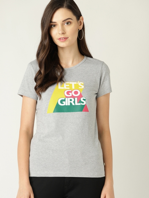 

United Colors of Benetton Women Grey Melange Printed Round Neck T-shirt