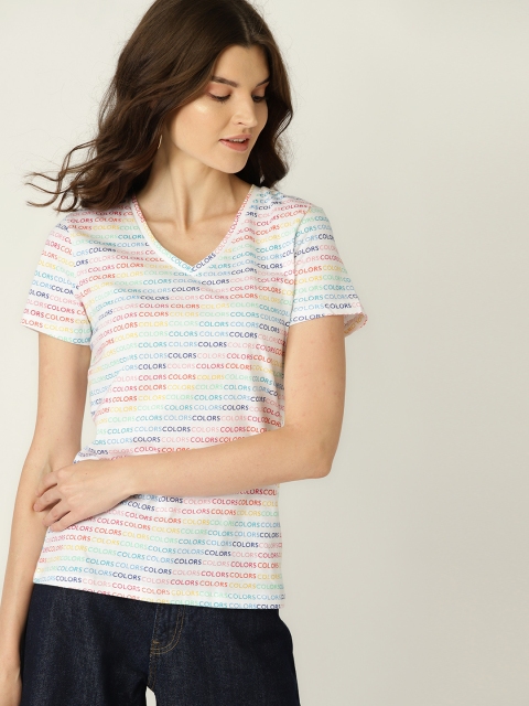 

United Colors of Benetton Women White Printed V-Neck T-shirt