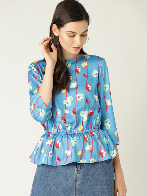 

United Colors of Benetton Women Blue & White Floral Print Cinched Waist Top