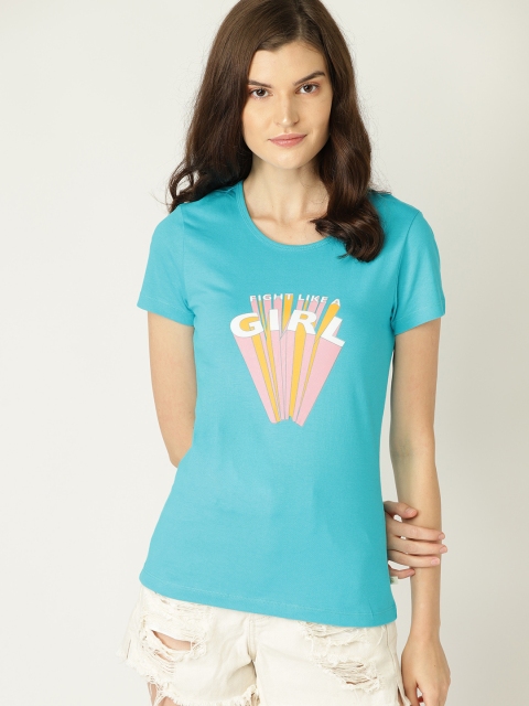 

United Colors of Benetton Women Blue Printed Round Neck T-shirt