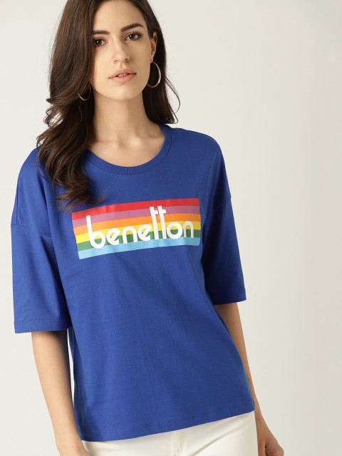 

United Colors of Benetton Women Blue Printed Round Neck T-shirt