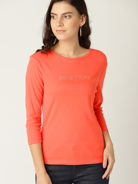 

United Colors of Benetton Women Coral Orange Solid Round Neck T-shirt