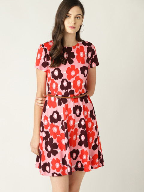 

United Colors of Benetton Women Pink & Red Floral Printed A-Line Dress