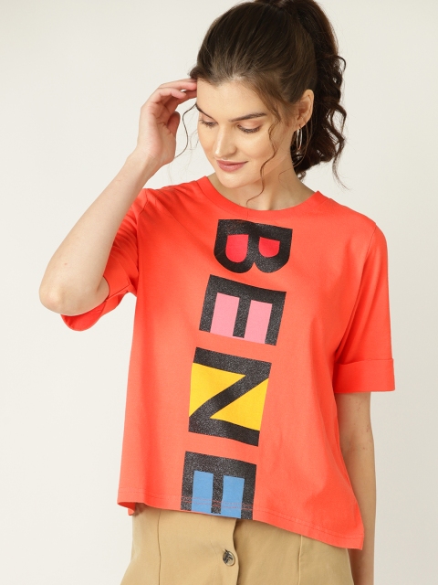 

United Colors of Benetton Women Coral Orange & Black Printed Round Neck T-shirt