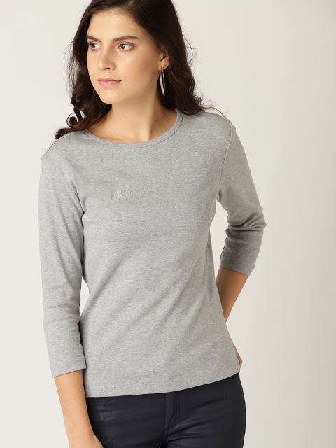 

United Colors of Benetton Women Grey Melange Solid Round Neck T-shirt