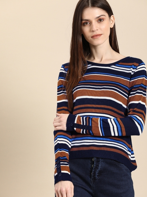 

Ms.Taken Women Navy Blue & Brown Striped Sweater