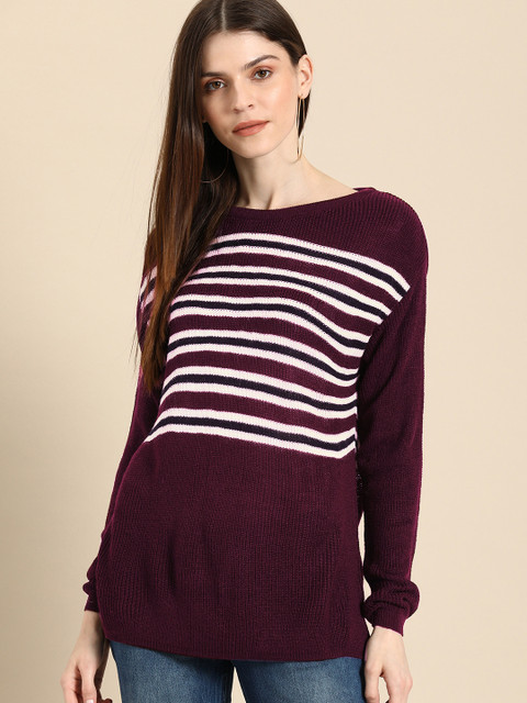 

Ms.Taken Women Burgundy & White Striped Sweater